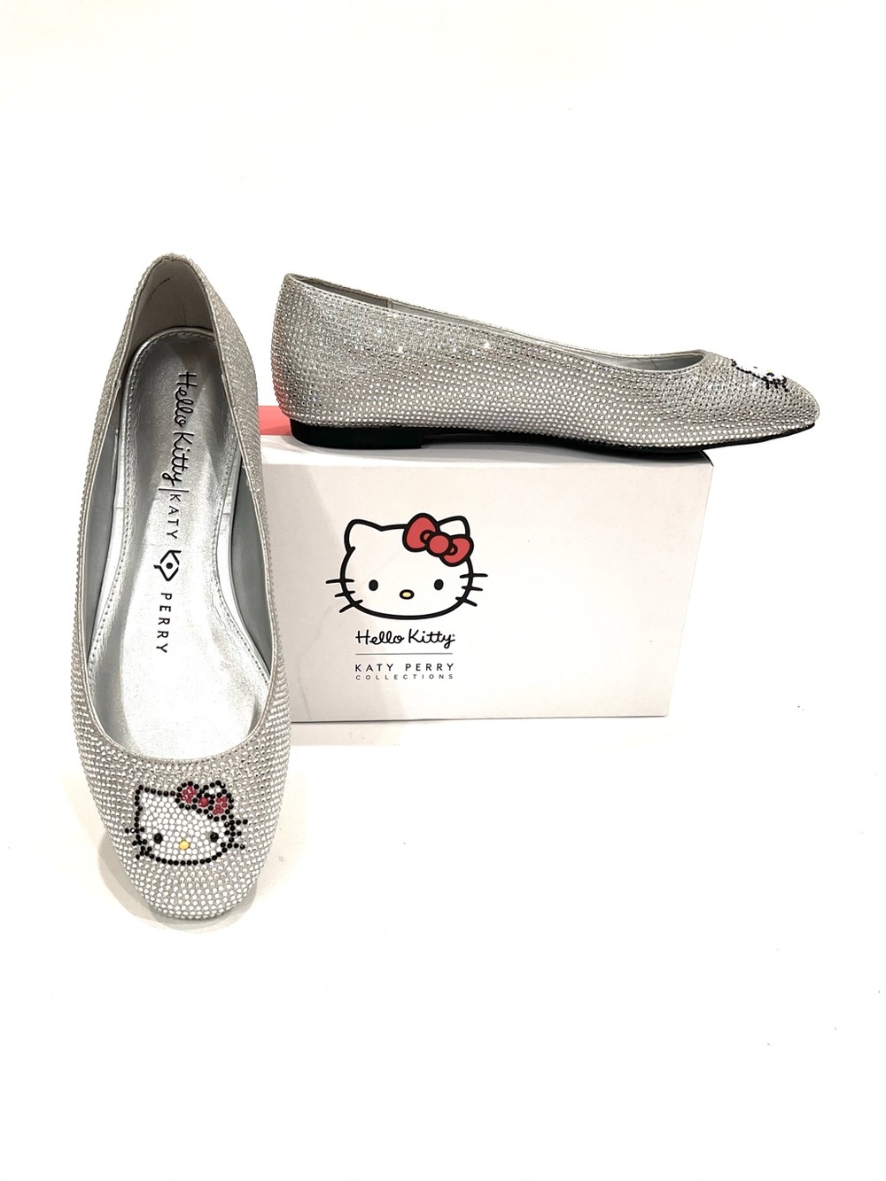 Katy Perry Hello Kitty Silver Rhinestone Ballet Flats Mismatched 9.5 Left, 10 R